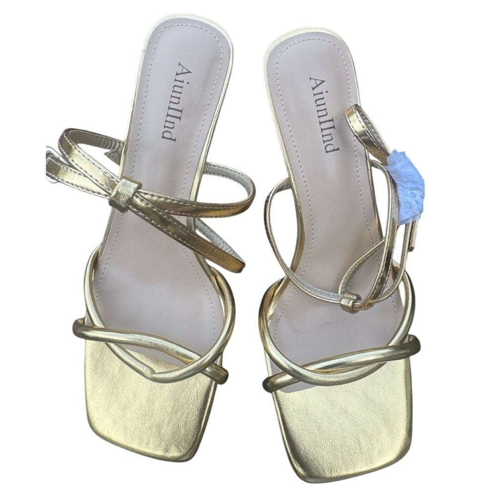 Aiuniind Strappy Kitten Heel Sandals Women Size 10 Gold Square Toe Formal New